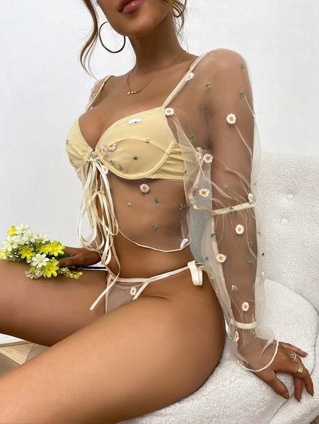 

daisy embroidery contrast mesh underwire lingerie set c2ie#, Black;red