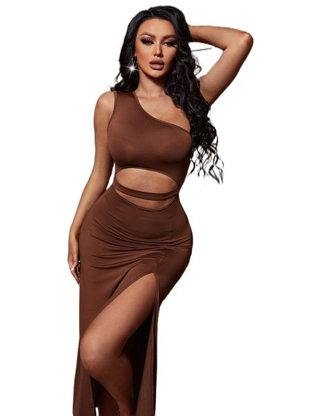 

one shoulder cut out split thigh dress g8nn#, Black;gray