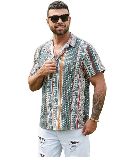 

extended sizes men random elephant & geo print shirt f51l#, White;black