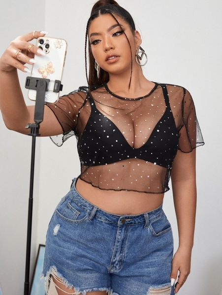 

plus contrast sequin crop sheer mesh without bra g8hy#, Black