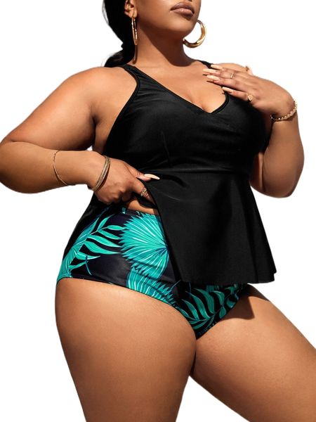 

plus tropical print ruffle hem bikini swimsuit l7lz#, White;black