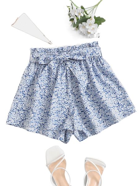 

ditsy floral paper bag waist belted shorts w5ma#, White;black