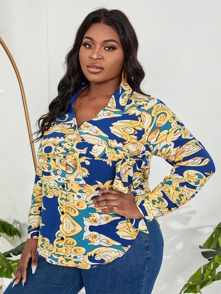 

sxy plus allover print button through blouse l9e0#, Black