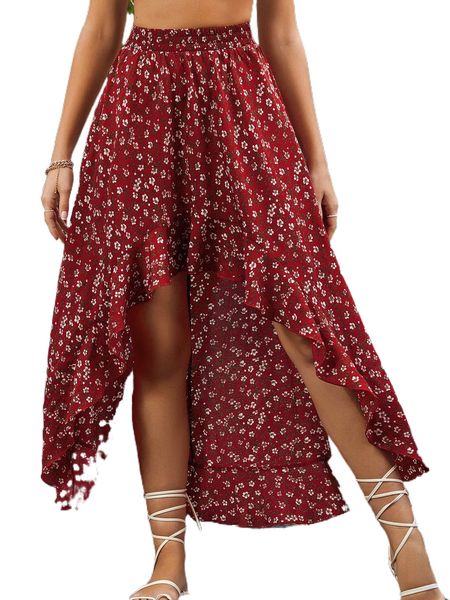 

ditsy floral print ruffle trim asymmetrical skirt i7vk#, Black