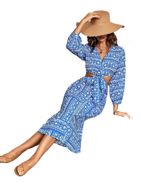 

random geo print cut out bishop sleeve knot front dress a1bn#, Black;gray