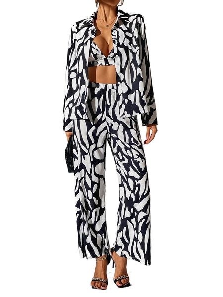 

allover print button front blouse & crop cami & pants k1xk#, White