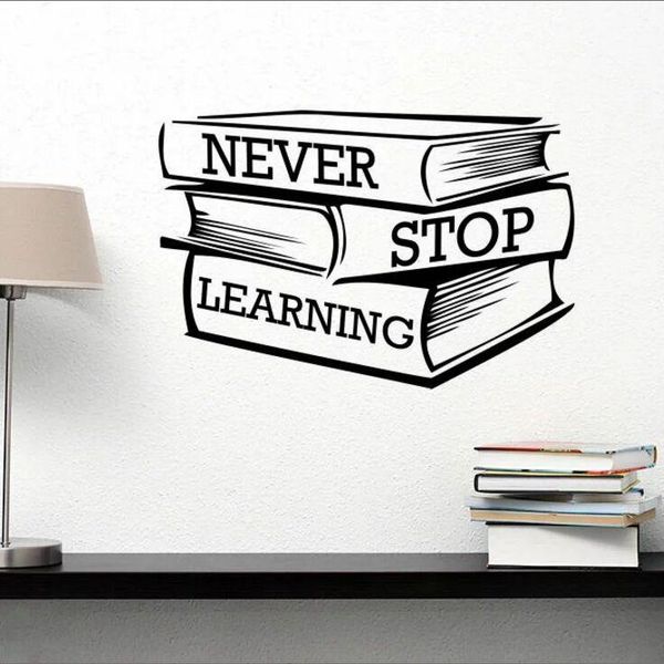 Adesivi murali Lettering Libri di studio Sticker Never Stop Learning Citazione motivazionale Decal Library Classroom Decor Murale AY1689