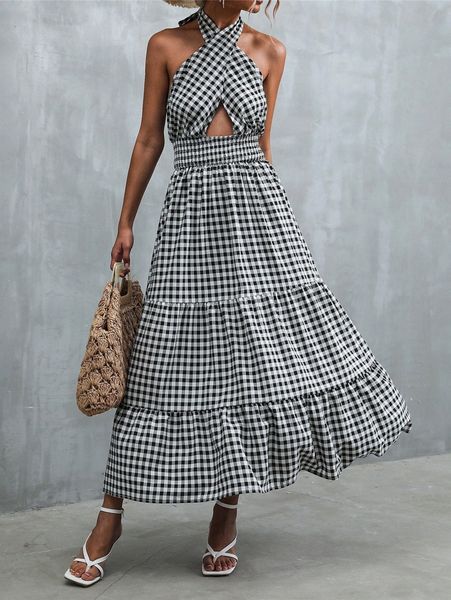 

gingham criss cross halter neck backless ruffle hem dress y3fc#, Black;gray