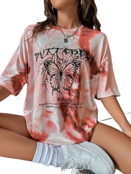 

butterfly & slogan graphic tie dye drop shoulder tee 55q1#, White