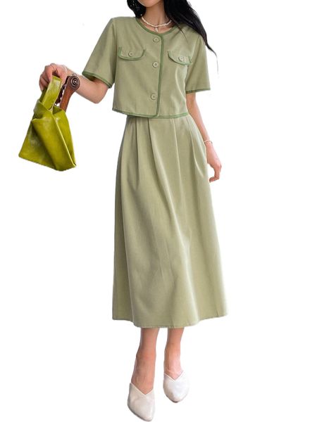 

dazy solid button front blouse & skirt set t3qh#, White