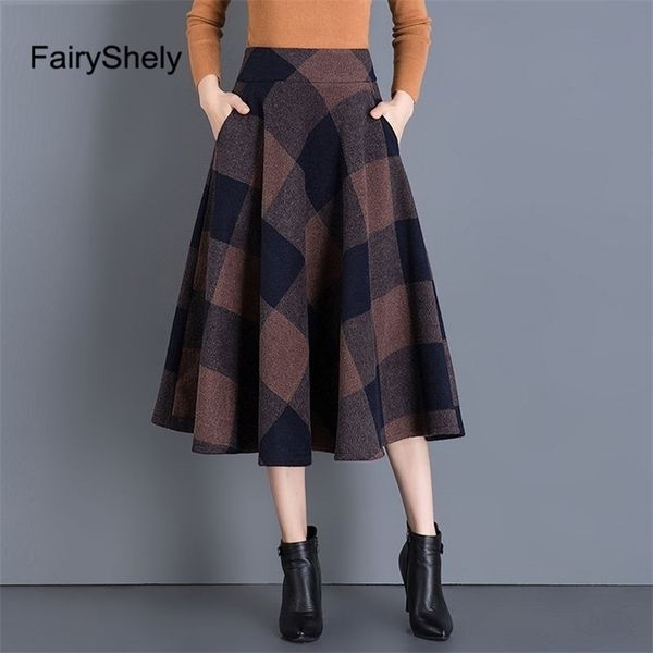 FairyShely Autunno Inverno Vita alta Ombrello Gonna al ginocchio Donna Casual Tasca di lana Gonna a griglia femminile Flare Plaid Gonna lunga 210311