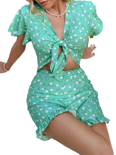 

floral print tie front ruffle hem romper 40z0#, Black;white