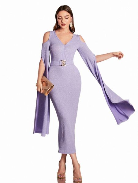 

cold shoulder split sleeve buckle detail dress 36zr#, Black;gray