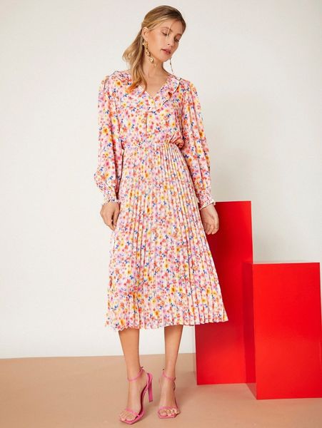 

floral print ruffle trim pleated hem dress y1cw#, Black;gray