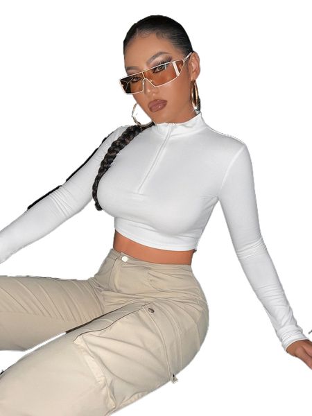 

sxy mock neck half zip crop tee t3qp#, White