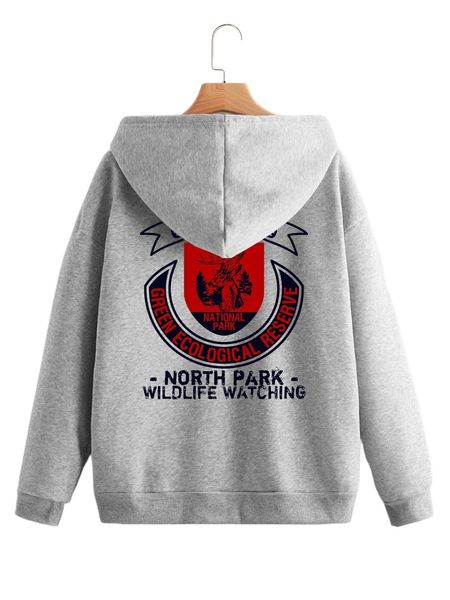 

elk & letter graphic kangaroo pocket drawstring zip-up thermal hoodie r8hq#, Black