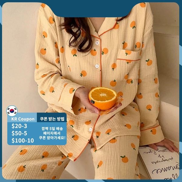 QWEEK Abito da casa in cotone Indumenti da notte coreani Pigiama con stampa arancione Donna Autunno Pigiama Pigiama manica lunga corta 2 pezzi Set da notte W220328