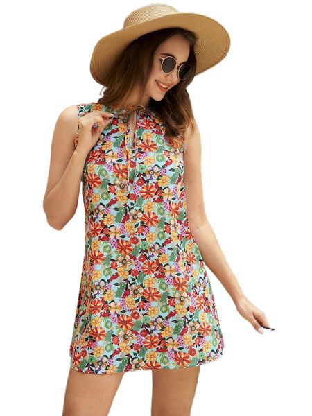 

allover floral print tie neck tank dress u7b3#, Black;gray