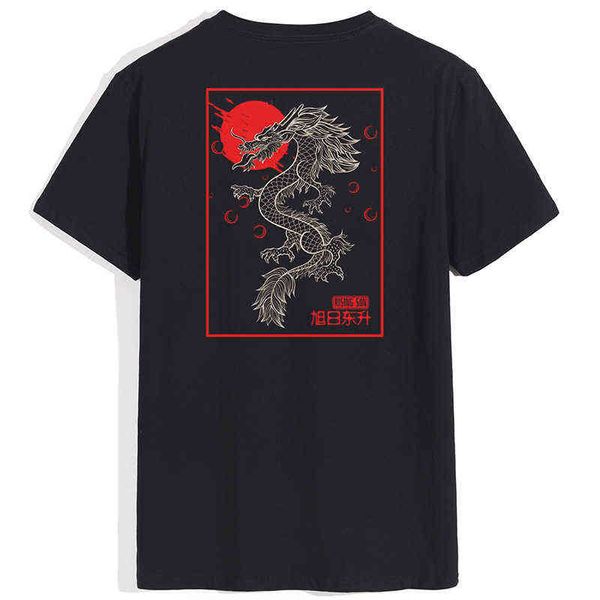 2022 Hip Hop Schwarz Streetwear Männer T Shirt Chinesischen Drachen Sonne Sommer Kurzarm Baumwolle Lose Tops Tees Junge Mädchen paare Y220426