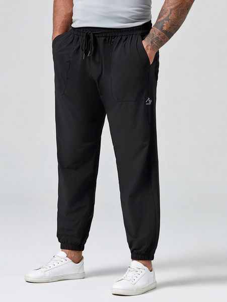 

extended sizes men letter patched detail drawstring waist pants 65rk#, Black