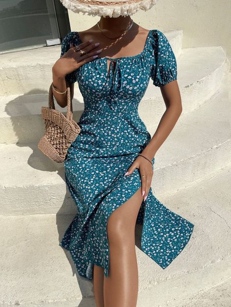 

ditsy floral puff sleeve split thigh dress d2yj#, Black;gray