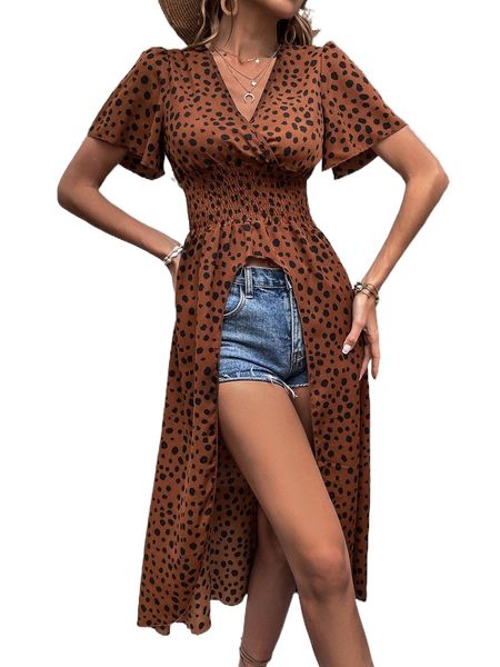 

dalmatian print shirred waist flutter sleeve asymmetrical hem blouse 48vc#, White