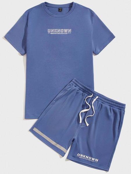 

men letter graphic tee & drawstring shorts set 76er#, Gray