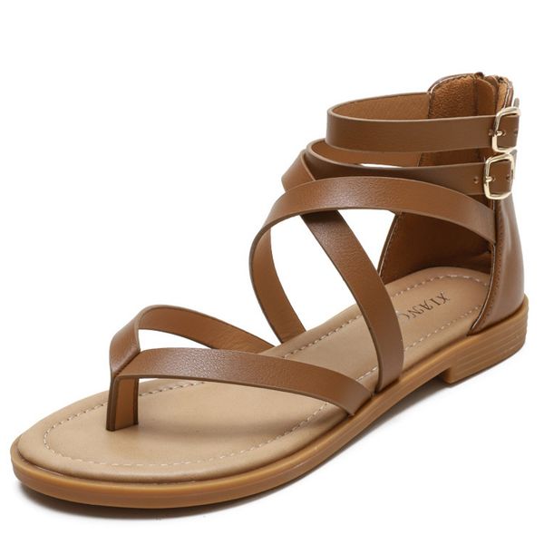 

thong sandals slippers fashion versatile hollow casual roman women flat sandals cross strap women's shoes, Black