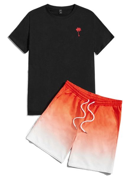 

men palm tree print tee & ombre drawstring waist shorts s5u1#, Gray