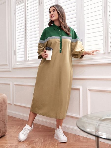 

plus cut and sew button half placket batwing sleeve dress t2me#, Black