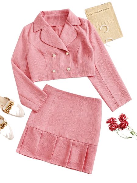 

plus double breasted jacket & pleated hem skirt u2qe#, Black