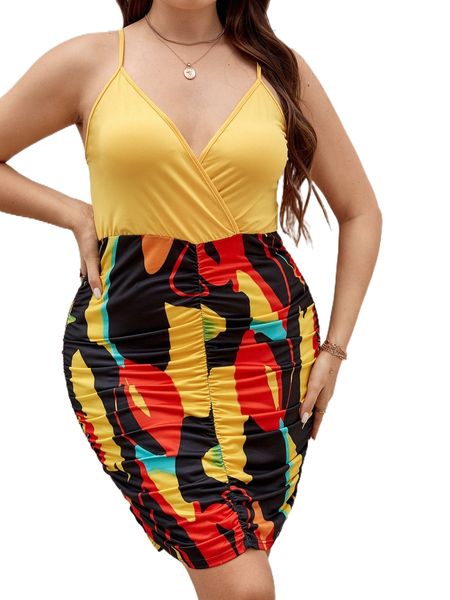 

plus graphic print ruched cami dress q7l0#, Black