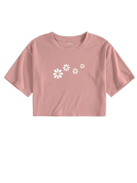 

floral print round neck tee k9pp#, White