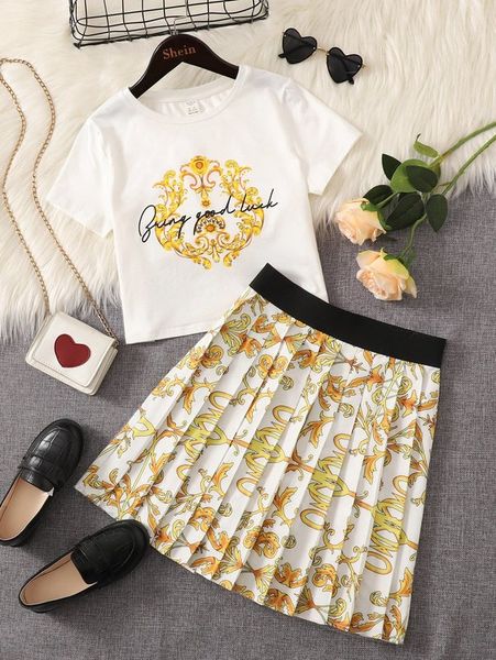 

teen girls plant and slogan graphic & pleated skirt set she, White