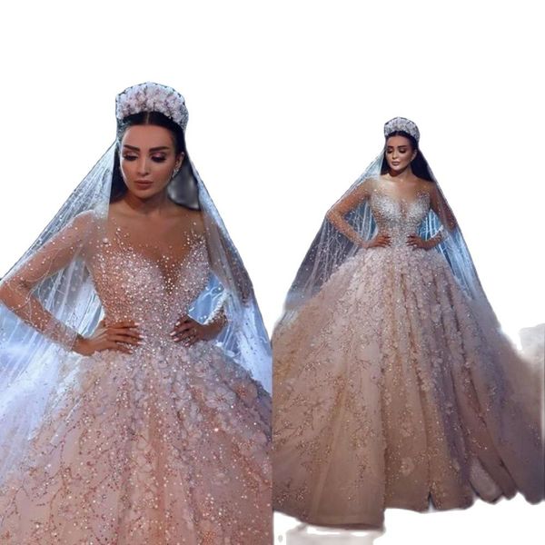

arabic luxury ball gown wedding dress blingbling bead lace appliques princess bridal gown plus size vestido de noiva custom made, White