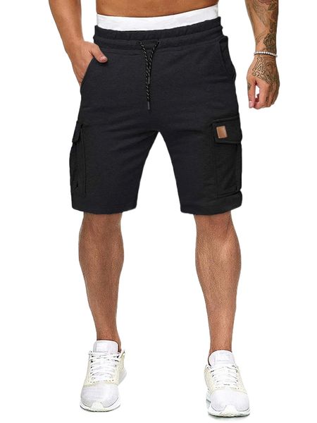 

men drawstring waist patch detail flap pocket track shorts c14e#, White;black
