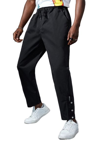 

men drawstring waist button zip hem pants k5cm#, Black