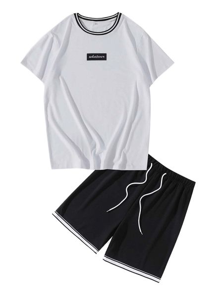 

men contrast striped tape tee & drawstring waist shorts w2ni#, Gray