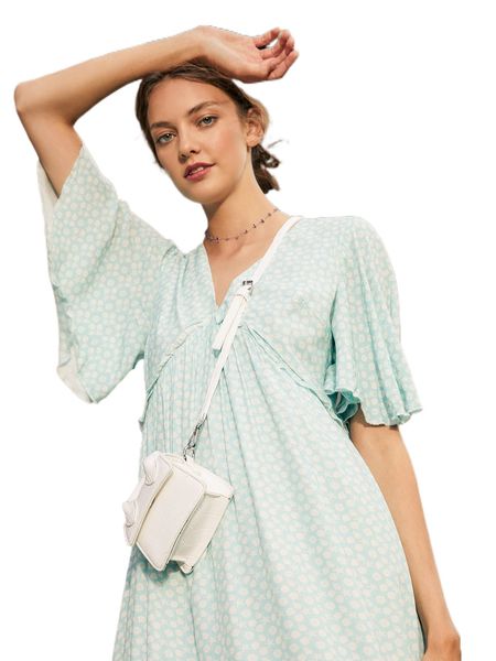 

x meikearts allover print flounce sleeve frill trim dress y96x#, Black;gray