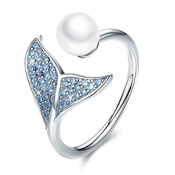 

925 silver mermaid band rings blue fishtail opening zircon pearl whale
