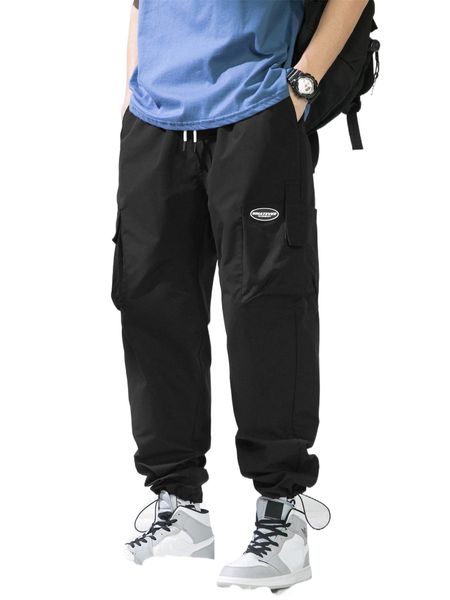 

men letter patched detail flap pocket cargo pants 43km#, Black