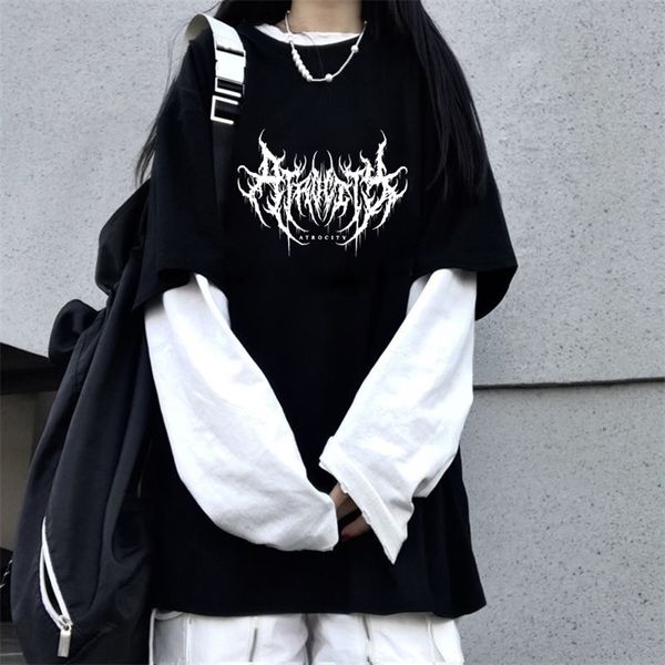

lightning letter print y2k goth punk oversized women tshirt 90s vintage hip hop streetwear kawaii fashion casual fake two 220810, White
