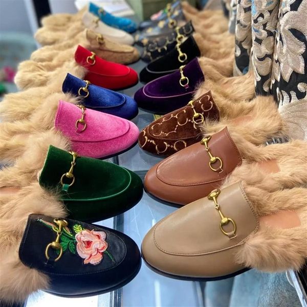 

2022 women princetown loafers autumn winter warm wool slippers classic metal buckle embroidery sandals men leather half slipper pa239c, Black