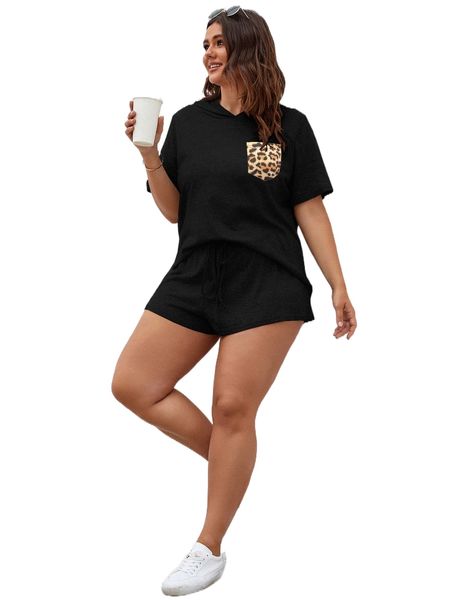

plus leopard print patched pocket hooded tee & tie front shorts 68ao#, Black