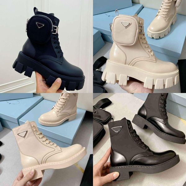 

designer women boots monolith shiny detachable nylon pouch combat shoes nylon hailf ladies outdoor thick bottom mid-length boot leather 35-4, Black