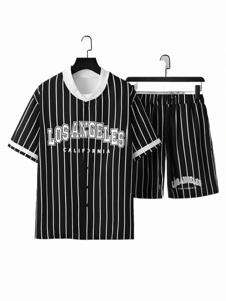 

romwe guys letter striped button front shirt & drawstring shorts 65mh#, Gray