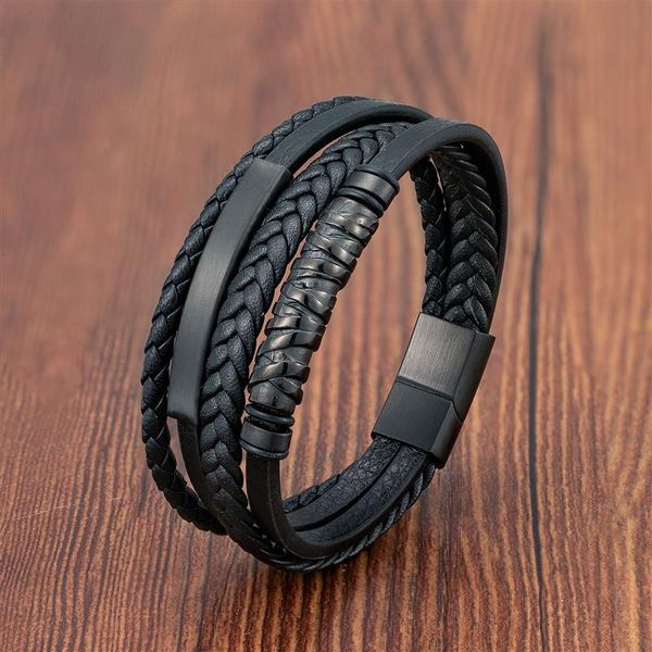 

viking leather bracelets for strand men multilayer stainless steel insert bracelet braided bangles punk homme jewelry accessories, Black