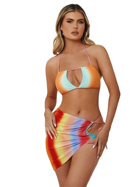 

3pack ombre cross bikini swimsuit & beach skirt h4x9#, White;black