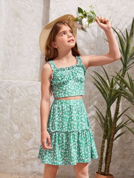 

girls ditsy floral print cami and skirt she, White