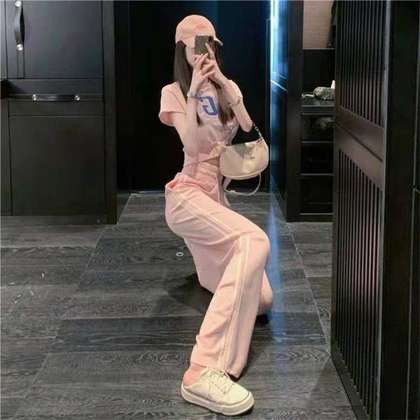 

summer leisure sports suit women sportswear short waist high wide-leg pants two-piece fitness exercise set 220509, Gray